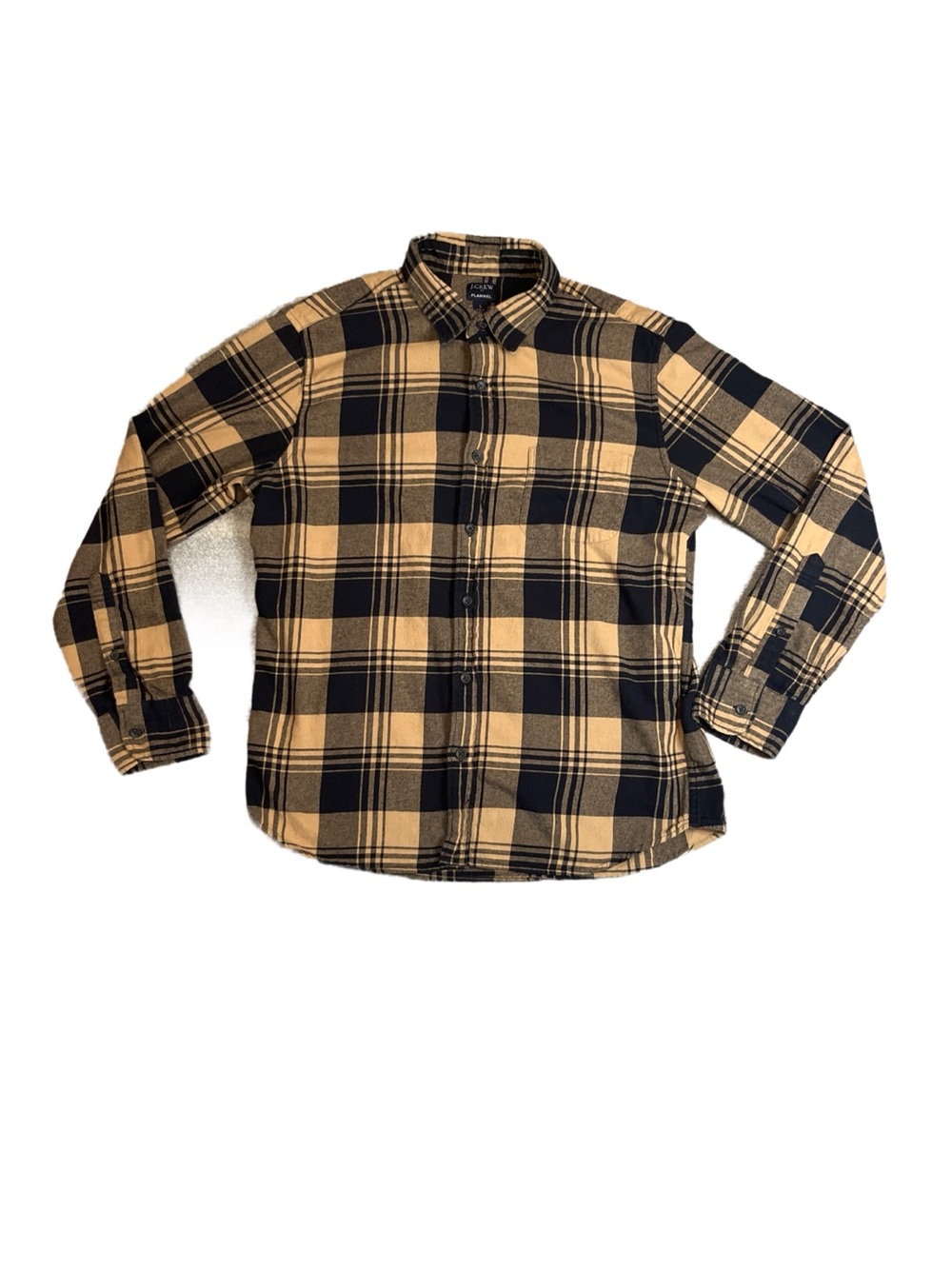 J. Crew Tan/Blk Plaid Button-Down Flannel Lumberjack Shirt EUC workgear E1-91